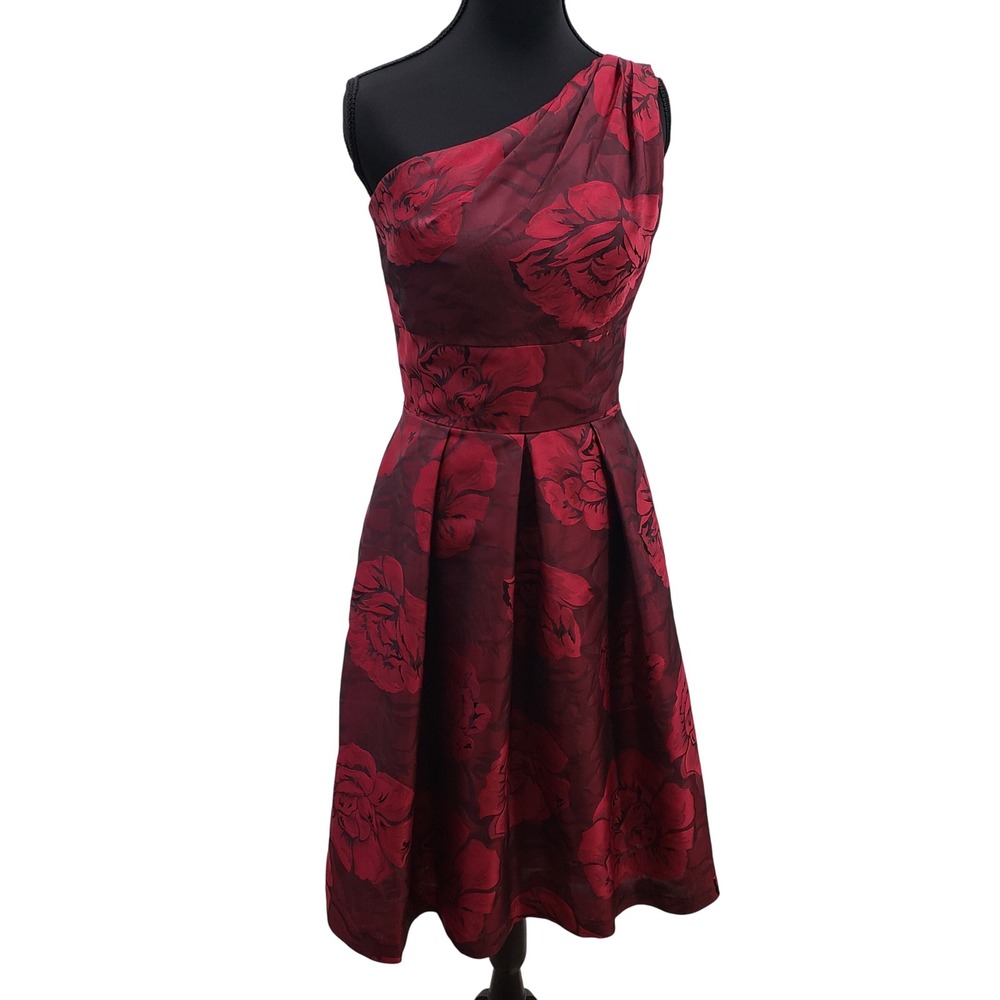 Alfred Sung Red Floral One Shoulder Damask Cocktail Dress Size 6 A Line Party - Picture 2 of 7